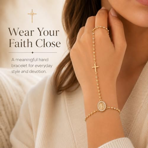 Rosary Bracelet for Women, Colorful Beaded Ring Bracelet Hand Chain with Virgin Mary Medal and Cross Charm, Catholic Religious Jewelry Gift