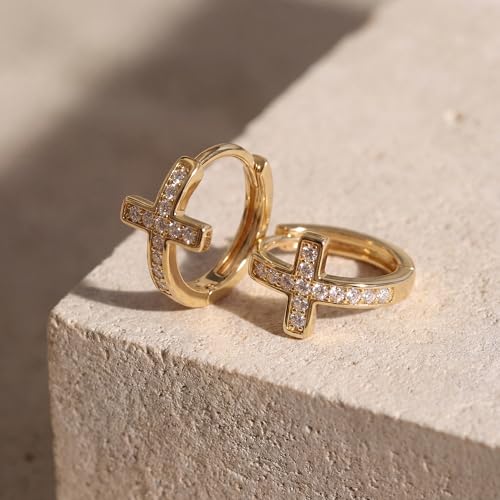 MYEARS Gold Cross Hoop Earrings for Women Trendy 14K Gold Plated Small Hoops Huggie Earrings White Cubic Zirconia Turquoise Minimalist Simple Christmas Christian Cross Jewelry Gifts - color: White