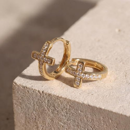 MYEARS Gold Cross Hoop Earrings for Women Trendy 14K Gold Plated Small Hoops Huggie Earrings White Cubic Zirconia Turquoise Minimalist Simple Christmas Christian Cross Jewelry Gifts - color: White