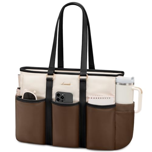 LOVEVOOK Work Tote Bag for Women, Teacher Tote Bag Nurse Bag With Large Cup Holder, Large Computer Purse Handbag, On The Go Tote Carryall - color: Coffee-beige-black, size: 15.6 Inch