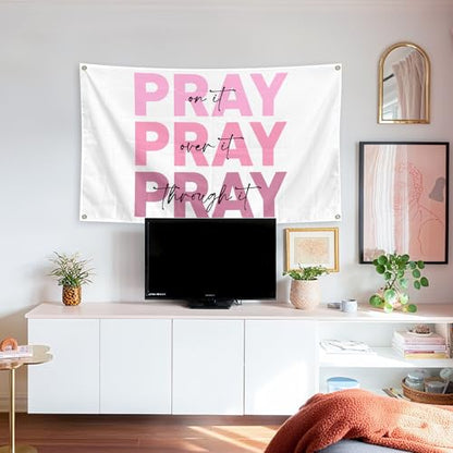 Pink Inspirational Decor Tapestry 3x5 Ft Pray on it Pray Over It Pray Through it Bible Verse Wall Art Christian Gifts for Women Dorm Room Wall Decoration