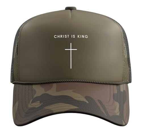 Christ is King Jesus Cross - Minimalist Christian Faith Trucker Hat with Adjustable Mesh Back - color: Camo Green