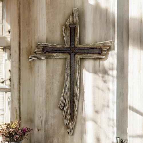 Top Brass Rustic 3-Nail Wall Cross – 12 ½” Resin Christian Cross with Weathered Wood Look and Symbolic Nails of Christ’s Crucifixion – Religious Jesus Crucifix Art