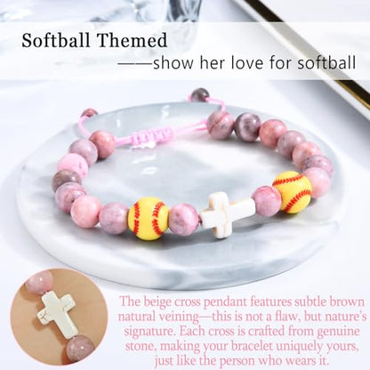 Baseball/Basketball/Soccer/Softball/Volleyball Bracelet for Girls Women- Cross Charm Beaded Bracelets, Christmas Birthday Easter Graduation Gifts for Daughter Granddaughter Niece Sister Coach - style: Softball