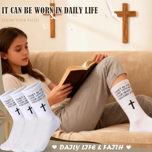 3 Pairs Christian Socks,Gifts for Christian: Easter Christmas - color: Proverbs 3:5 - White