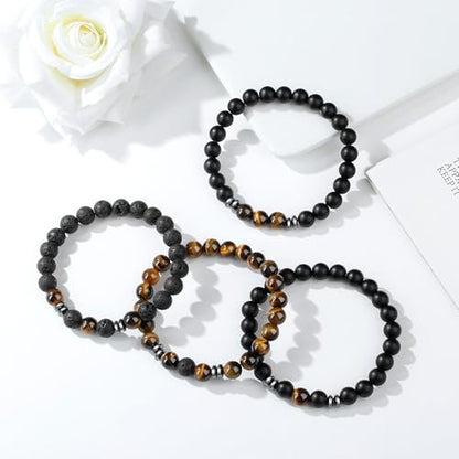 Mens Beaded Bracelets, 8MM Beaded Bracelets for Men, Natural Tiger Eye Bead Bracelet, Stretch Elastic Beads Bracelets for Men - color: 4 black yellow volcanic stone
