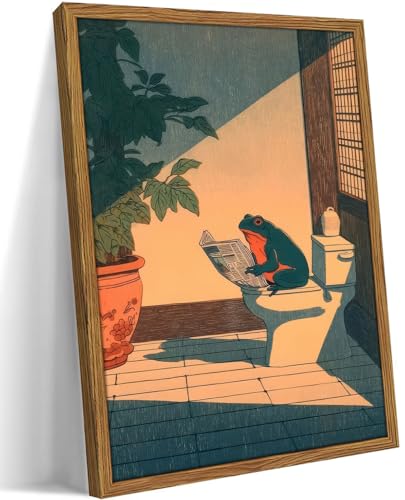 Framed Funny Frog Bathroom Wall Art, Cute Japanese Frog In Toilet Reading Newspaper Pictures Wall Decor Whimsical Green Animal Japan Restroom Poster Canvas Painting Prints Artwork-12×16in - color: Japanese Frog, size: 16"L x 12"W