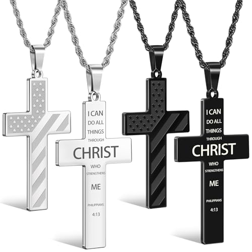 Romass 2Pcs Cross Necklace for Men Boys, Bible Verse Stainless Steel Silver Black American Flag Chains for Men Pendant Jewelry Box - style: Philippians 4:13