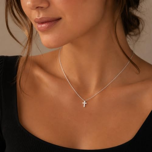 Dainty Tiny Cross Necklace for Women, Stainless Steel Rolo Chain Minimalist Mini Cross Pendant Necklace, Adjustable Simple Faith Christian Jewelry Gift for Women Teen Girls Her