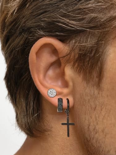 Oveta 16 Pairs 18G 16G Stainless Steel Mens Earrings, Earrings for Men with Studs Hoop Earring Cross Dangle Earrings Hypoallergenic Ear Piercing Jewelry for Men Women, Silver Gold Black - color: Black