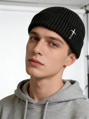 Men's Knitted Skull Cap Cross Embroidered Fisherman Beanie - color: Dark Grey