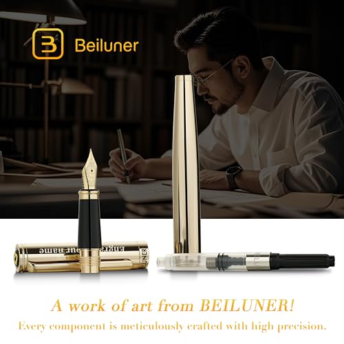 BEILUNER Gold Personalized Fountain Pen,Stunning Luxury Surface,24K Gilded Nib(Fine),Gorgeous 24K Gold Finish, Ink Converter,Fancy Gift for Men&Women-Elegant, Graduation,Office Pens for Writing - color: ,Gold (Personalized), style: Fine Nib