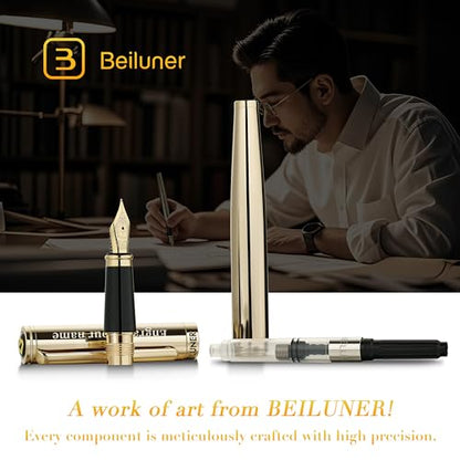 BEILUNER Gold Personalized Fountain Pen,Stunning Luxury Surface,24K Gilded Nib(Fine),Gorgeous 24K Gold Finish, Ink Converter,Fancy Gift for Men&Women-Elegant, Graduation,Office Pens for Writing - color: ,Gold (Personalized), style: Fine Nib