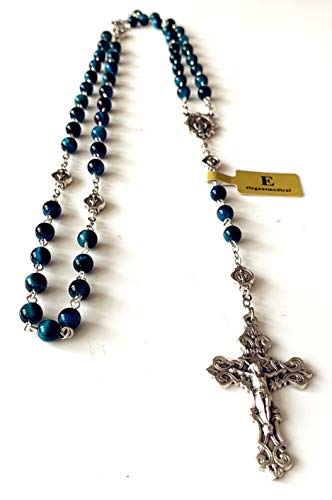 elegantmedical Handmade Blue Tiger Eye Beads Our Lady of Grace Rosary Cross Necklace Catholic Gifts