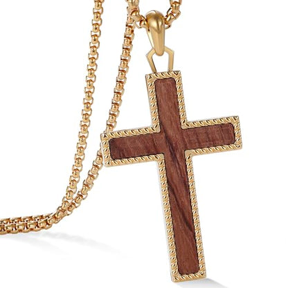 Wooden Cross Necklace for Men With Stainless steel And Black Ebony Adjustable Box Chain 24–26 inches Suitable for Everyday Wear And Christian Gifts for Men - color: Gold-B