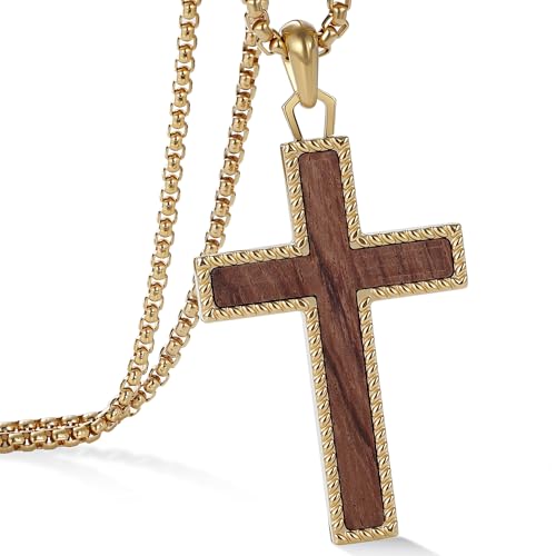 Wooden Cross Necklace for Men With Stainless steel And Black Ebony Adjustable Box Chain 24–26 inches Suitable for Everyday Wear And Christian Gifts for Men - color: Gold-B