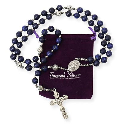 Nazareth Store Genuine Rosary Stone Beads Necklace Metal Beaded Glory Beads Miraculous Medal & Silver Cross Crucifix For Men and Womens - color: Blue Lapis Lazuli