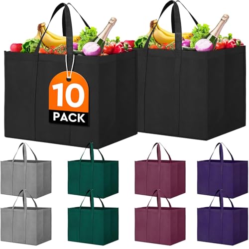Reusable Grocery Shopping Bags 10 Pack Large Foldable Tote Bags Bulk - color: Black, Gray, Green, Purple, Claret