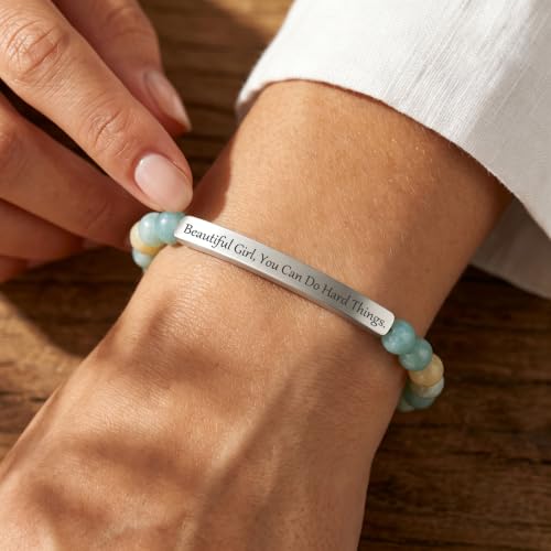 Inspirational Christian Bracelet for Women, 18K Gold Plated Bible Verse Jewelry with Amazonite Beads, Religious Faith Gift for Mom, Daughter, Sister, Friend - color: Beautiful G, You Can Do Hard Things.-Amazonite Silver
