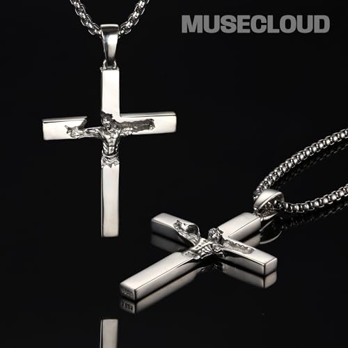 925 Sterling Silver Crucifix Necklace for Men, 18-26 Inch - color: Polished Sterling Silver Crucifix Pendant with Stainless Steel Chain, size: 18 in (46cm) Chain