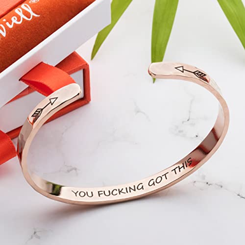 Carviell Bracelets for Women – 100+ Meaningful Engraved Messages – Solid 316L Surgical Stainless Steel Cuff Bracelet – Gift Ready - color: BADASS Gift - YOU F##king Got This - ROSE GOLD
