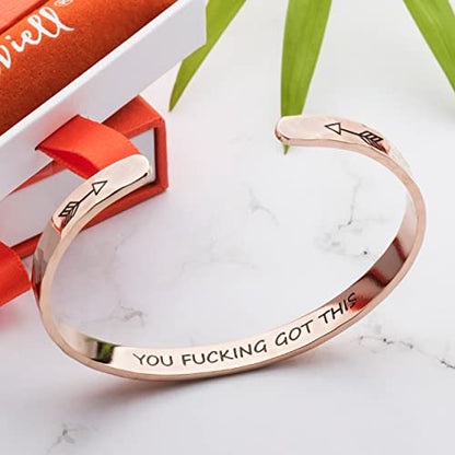 Carviell Bracelets for Women – 100+ Meaningful Engraved Messages – Solid 316L Surgical Stainless Steel Cuff Bracelet – Gift Ready - color: BADASS Gift - YOU F##king Got This - ROSE GOLD