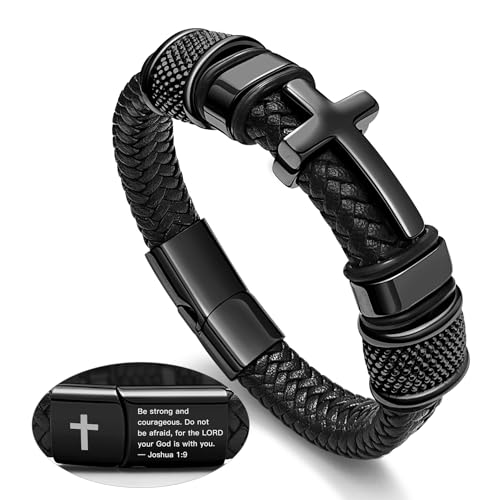 Black Cross Cuff Bracelet for Men, Philippians 4:13 Stainless Steel Braided Leather Bible Verse Jesus Bracelets Inspirational Faith Gift for Dad Brother Son Religious Baptism Confirmation Gifts - color: B-Black Cross Joshua 1:9, size: 7.5 Inches