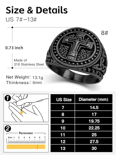 Christian Cross Rings for Men - Stainless Steel Jesus Jewelry with Celtic Knot Sides (Gold/Black/Silver) - Catholic Religious Gift, Size 7-13 - color: E-Black-Jesus