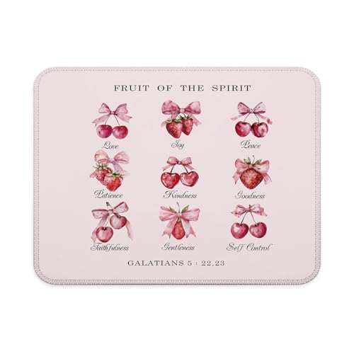 Preppy Girly Christian Mouse Pad, Fruit of The Spirit, Pink Strawberry Cherry Bow Bible Verse Mouse Pad for Work Computers Laptop Home Office Dorm Desk Accessories, 9.5x7.9 Inch - color: Interesting text Mouse pad J