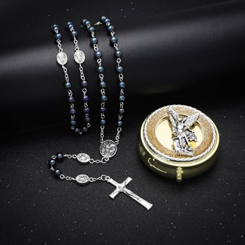 KOMI 6mm Glass Pearl Rosary Beads Catholic for Women with Metal Rosary Box Religious Gifts - style: St Michael-black