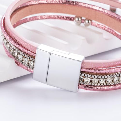 Christian Cross Leather Bracelets Boho Western Blessing Religious Jewelry - color: Pink
