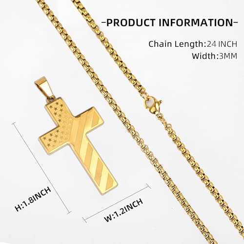 American Flag Cross Necklace for Men, Christian Confirmation Baptism Gifts - color: Gold, style: Joshua 1:9