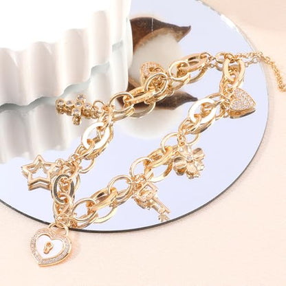 Boho Cute Gold Charm Link Bracelet for Women Starfish Clover Cross Star Lock Key Heart Pearl Charm Bracelets Vacation Spring Summer Santa Claus Reindeer Christmas Party Jewelry Gifts for Womens - style: Gold Lock and Key Charm