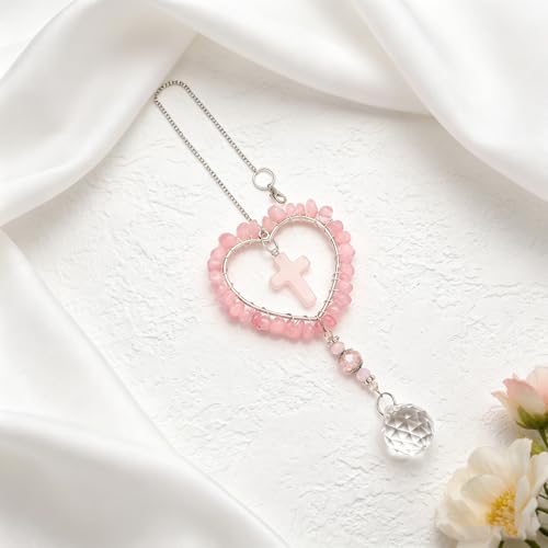 Hanging Crystals Suncatcher Cross Car Rear View Mirror Accessories - color: Rose Quartz
