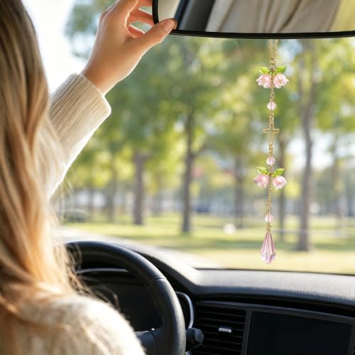 Cross Suncatcher Car Rearview Mirror Charm Pink Lily of Valley - color: Pink - Flower