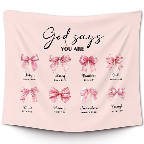 XLDLIOO Pink Coquette Bow Christian Wall Tapestry, Scricpture God says You Are Unique Strong Wall Tapestry Hanging for Girly Room Bedroom, Preppy Tapestries Wall Decor Art for Teen Girls Dorm 60x50in - color: pinkbow