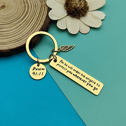 Dabihu Christian Keychain Gift for Women Men Religious Jewelry First Communion Gifts Baptism Gifts Bible Verse Keychain - color: For He Will Order His Angels to Protect You Wherever You Go Gold Keychain