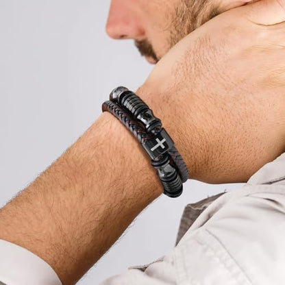 Christian Brown Leather Bracelet for Men - Double-Row Braided Leather Faith Cross Bracelets Bangle Religious Baptism Inspirational Bible Verse Jewelry Gift for Young Men Teenage, Adjustable Wristband - color: PHILIPPIANS 4:13
