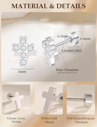Limerencia Titanium Stud Earrings, Cross Earrings for Sensitive Ears - color: Silver +Screw Back with CZ