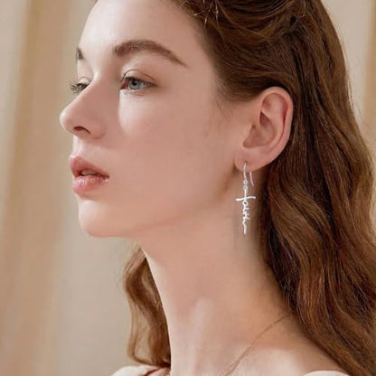 14K Gold Plated Sterling Silver Cross Drop Earrings - color: Cross-Silver