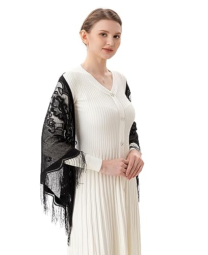 PAMOR Triangle Catholic Church Veil Chapel Veil Scarf Mantilla Veils Wrap Shawl Mass Head Covering with Fringe Trim - color: Black