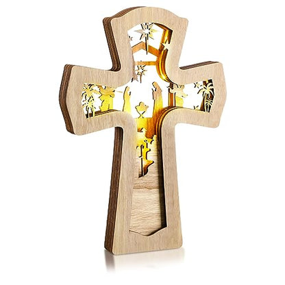 Bucherry Wooden Nativity Scene Christmas Tabletop Ornament,Cross - style: Cross