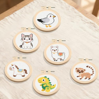 57lilina Easy Embroidery Kit for Kids Beginners, 6 Set Cute Stamped Pattern - color: Alpaca+Seagull+Cat+Horse+Dinosaur+Lemur