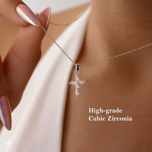 Cross Necklace for Women, Dainty 14K Gold Plated CZ Pendant - color: Silver-marquise cz cross