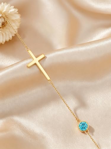 OJK 14K Gold Cross Necklace for Women Sideways Cross Birthstone Jewelry - color: 12-Topaz