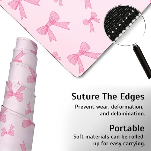 Pink Bow Mouse Pad,35.4 x 15.7 Inch Large Mouse Mat Non-Slip Rubber Stitched Edges for Writing Desk,Office,Home,Laptop - color: Pink Bow, size: 35.4L x 15.7W inches