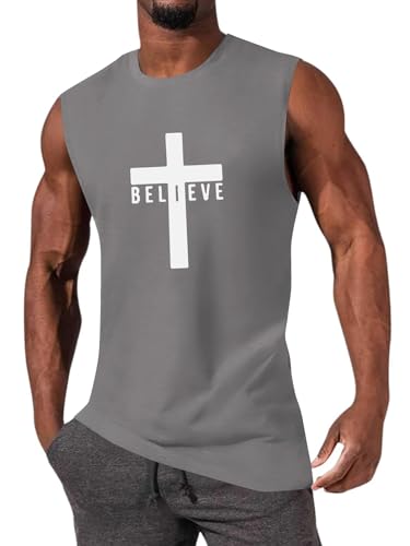 Men's Cotton Graphic Tank Tops Jesus Cross Believe Printed Faith Christian Shirts - color: ##Grey, size: Large