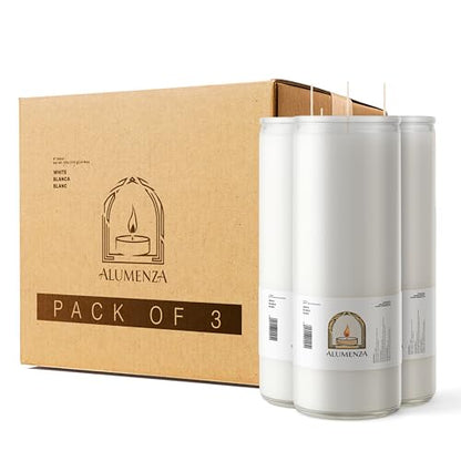 3pk White Blanco 90hr | 7-Day Prayer Candles - Glass Jar Veladoras, Unscented Paraffin Wax | Peace, Purity & Protection Novena - Catholic Hispanic Church Altar, Memorial Vigil & Baptism Gifts - color: White