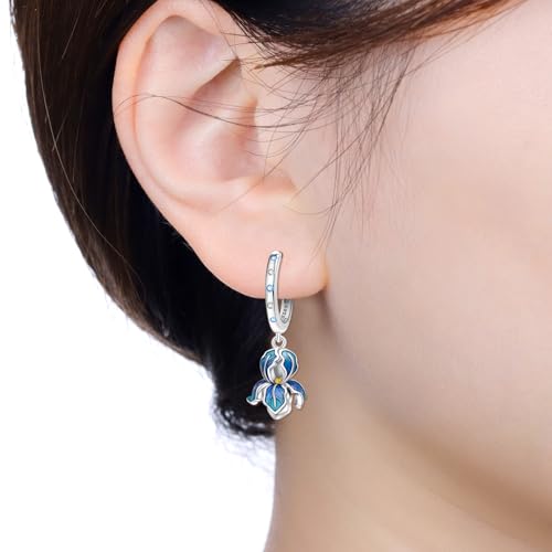 925 Sterling Silver Drop & Dangle Earrings for Women,Butterfly Dragonfly and Bee|Flower and leaf Earrings, Suitable for Sensitive Ears Fashion Jewelry Gift- Hypoallergenic Earrings - color: Blue Iris