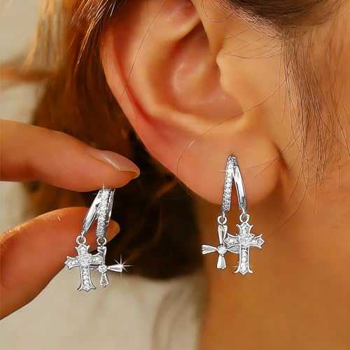 Double Huggie Hoop Earrings with Charms Cross Dangle Earrings Gold/Silver Double Cross Drop Hoop Earrings for Women Men Trendy - style: Style A-Silver